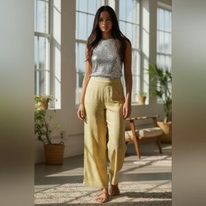 Wonderly Wide-Leg Pants Women's M Gold Paisley Pull On Boho Hippie